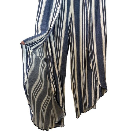 Coco + Jaimeson Linen Blend Tie Striped Blue Open Leg Jumpsuit Size Medium - Picture 5 of 13